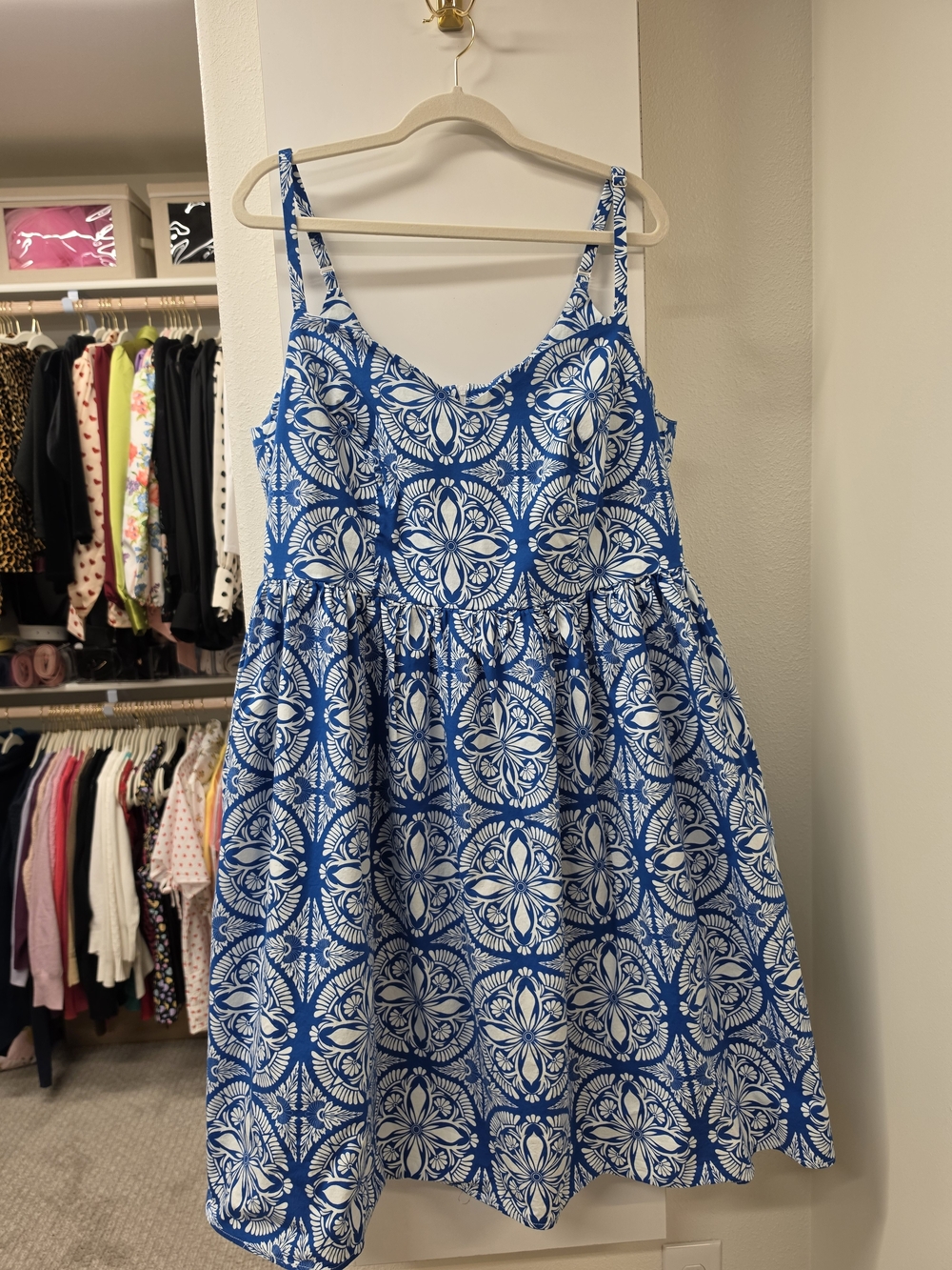 Hell Bunny Blue and White Tile-Patterned Spaghetti Strap Mini Dress